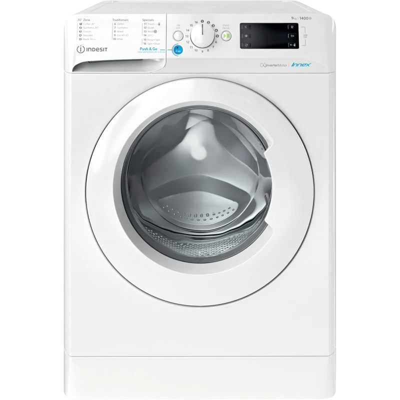 9KG 1400 Spin Washing Machine | Indesit BWE91496XWUK | Push&Go White